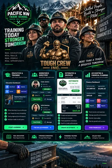 PNWTS and Tough Crew artwork featuring skilled workers, education and training, a workforce directory, and business tools