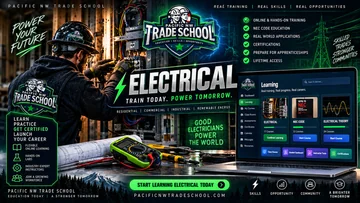 Pacific NW Trade School electrical artwork with an electrician, electrical panel, tools, and online coursework