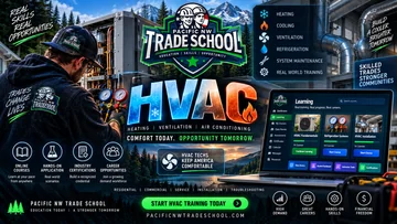 Pacific NW Trade School HVAC artwork with a technician, heating and cooling equipment, gauges, and online coursework