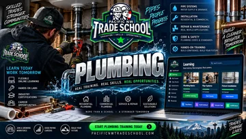 Pacific NW Trade School plumbing artwork with a plumber, water and drainage pipes, fittings, and online coursework